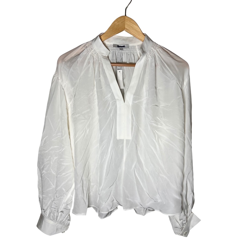 Madewell Women's White Long Sleeve V Neck Blouse Smocked Collar Shirt Top